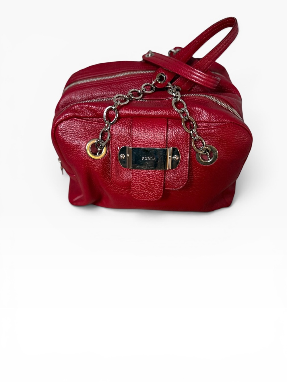 Furla Red Pebbled Genuine Leather Multi Compartment Chain Satchel Bag - Picture 2 of 10